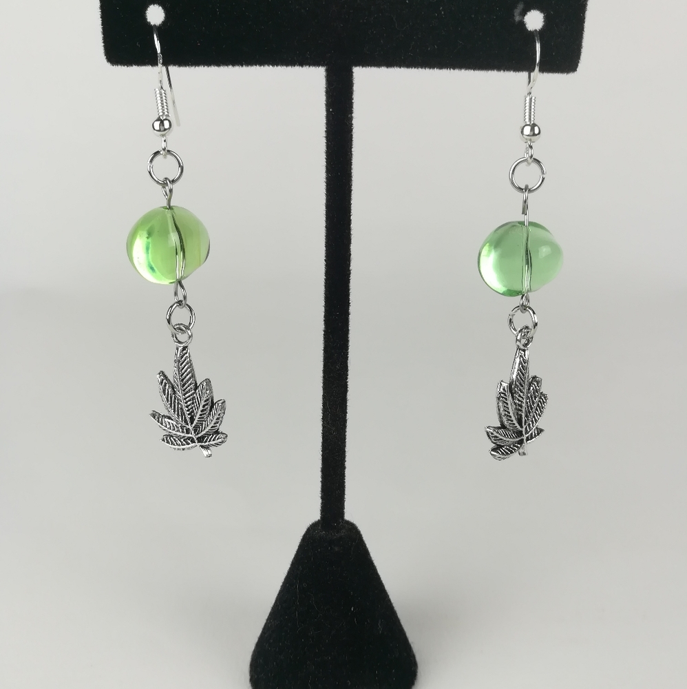 Simple Cannabis leaf dangle earrings green glass